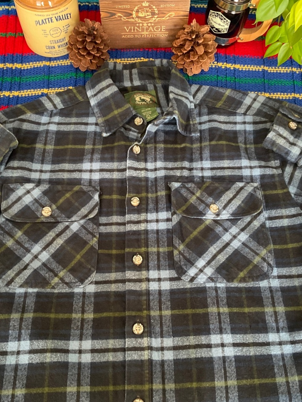 Stillwater Supply Co-Men’s Flannel Shirt-(L)- Blue/ Green Plaid Cotton Rugged